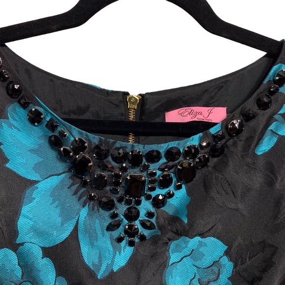 VINTAGE ELIZA J. BLACK & TEAL-BLUE BOAT NECK EMBELLISHED JACQUARD  RHINESTONE - Picture 11 of 16